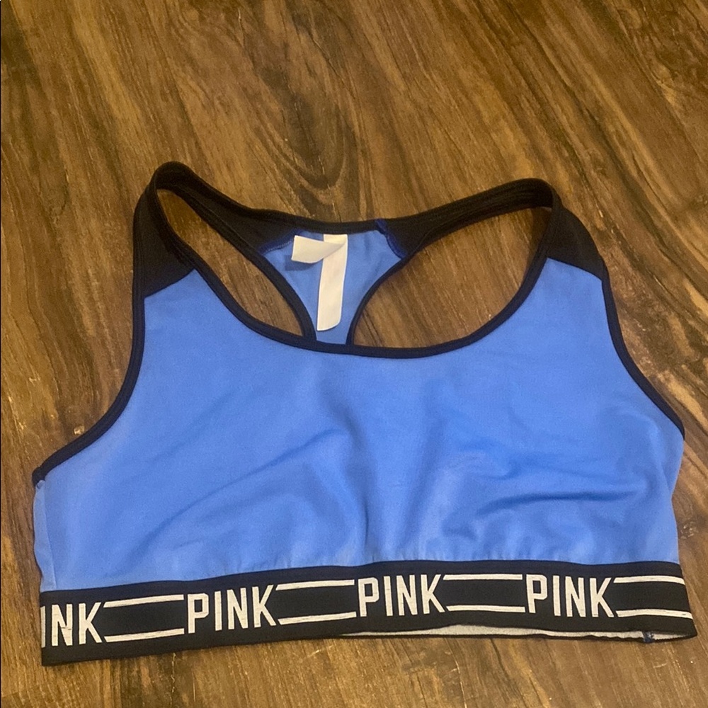 PINK Victoria's Secret Blue and Black Sports Bra Racerback - Medium